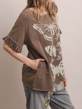 BV22 The KENDRA Charcoal Butterfly Graphic Tee Razor Cut and Ruffled Sleeve